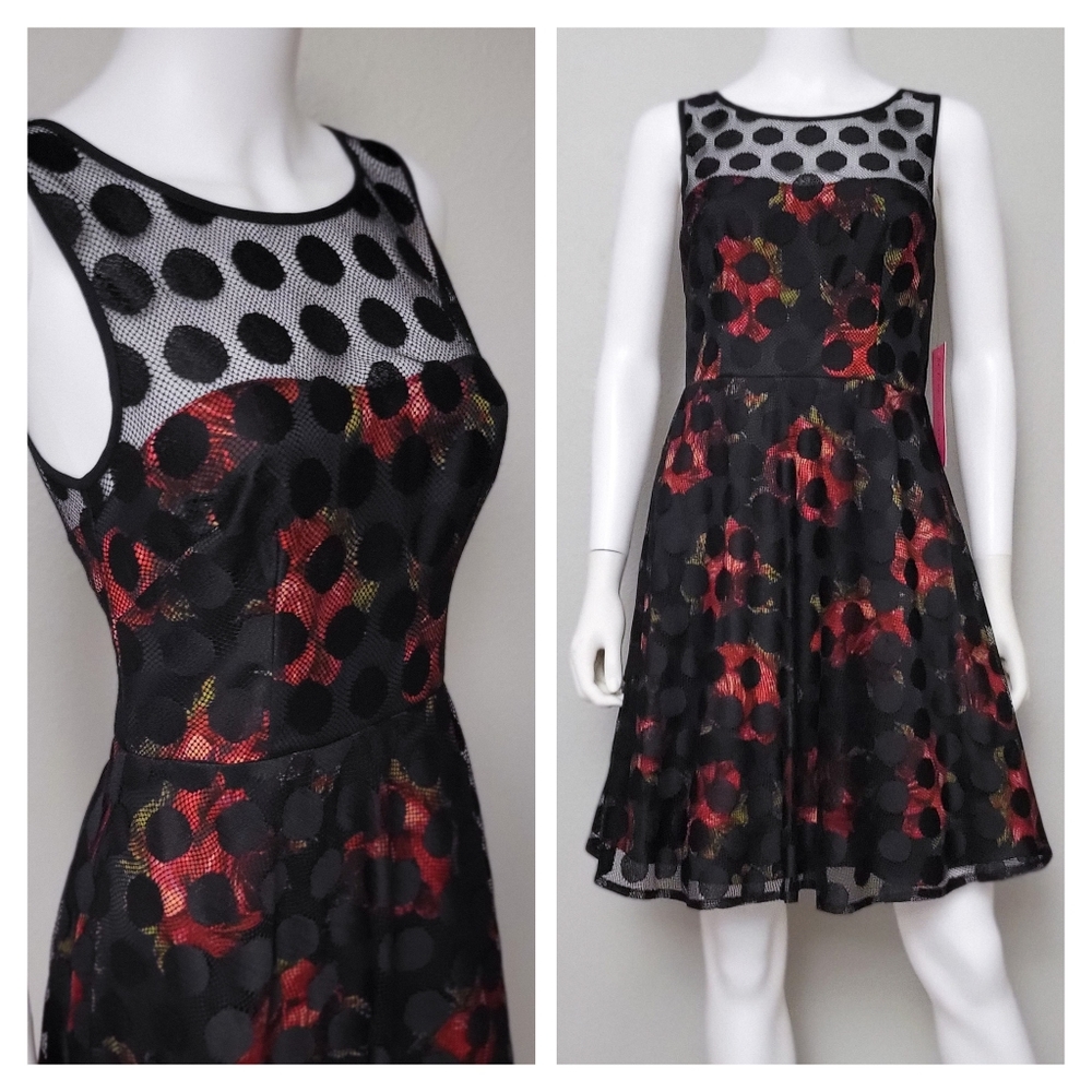 Betsey Johnson Dress • Black Red Floral • Roses Mesh Lace • Party Polka-dot